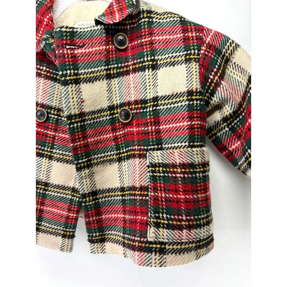 Zara Baby Red Plaid Button Front Pea Coat 9/12 months